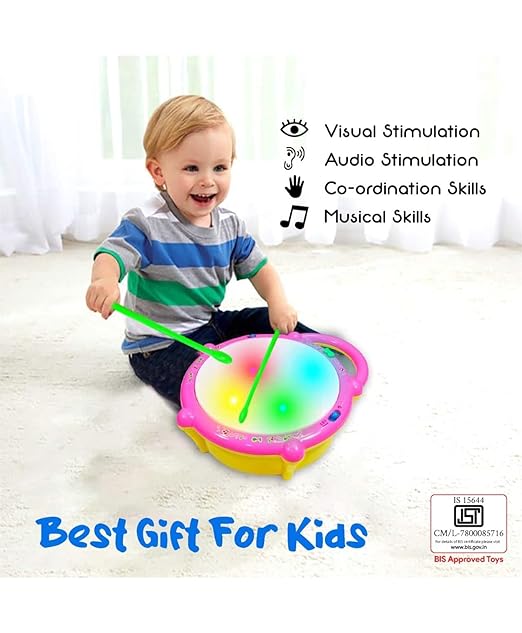 Battery Operated Flash Drum with Multi Color 3D Lights, Music for Baby Kids 1+ Years