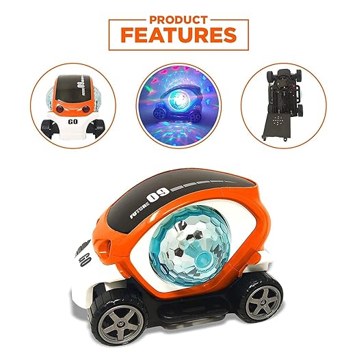 360 Degree Rotating Stunt Car, Bump and Go Toy with 4D Lights and Sounds Musical Car Toy 09 Future Car 3+ Years (Orange)