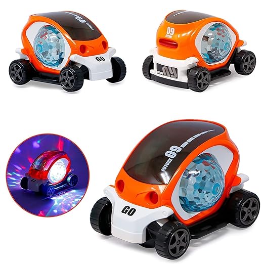 360 Degree Rotating Stunt Car, Bump and Go Toy with 4D Lights and Sounds Musical Car Toy 09 Future Car 3+ Years (Orange)